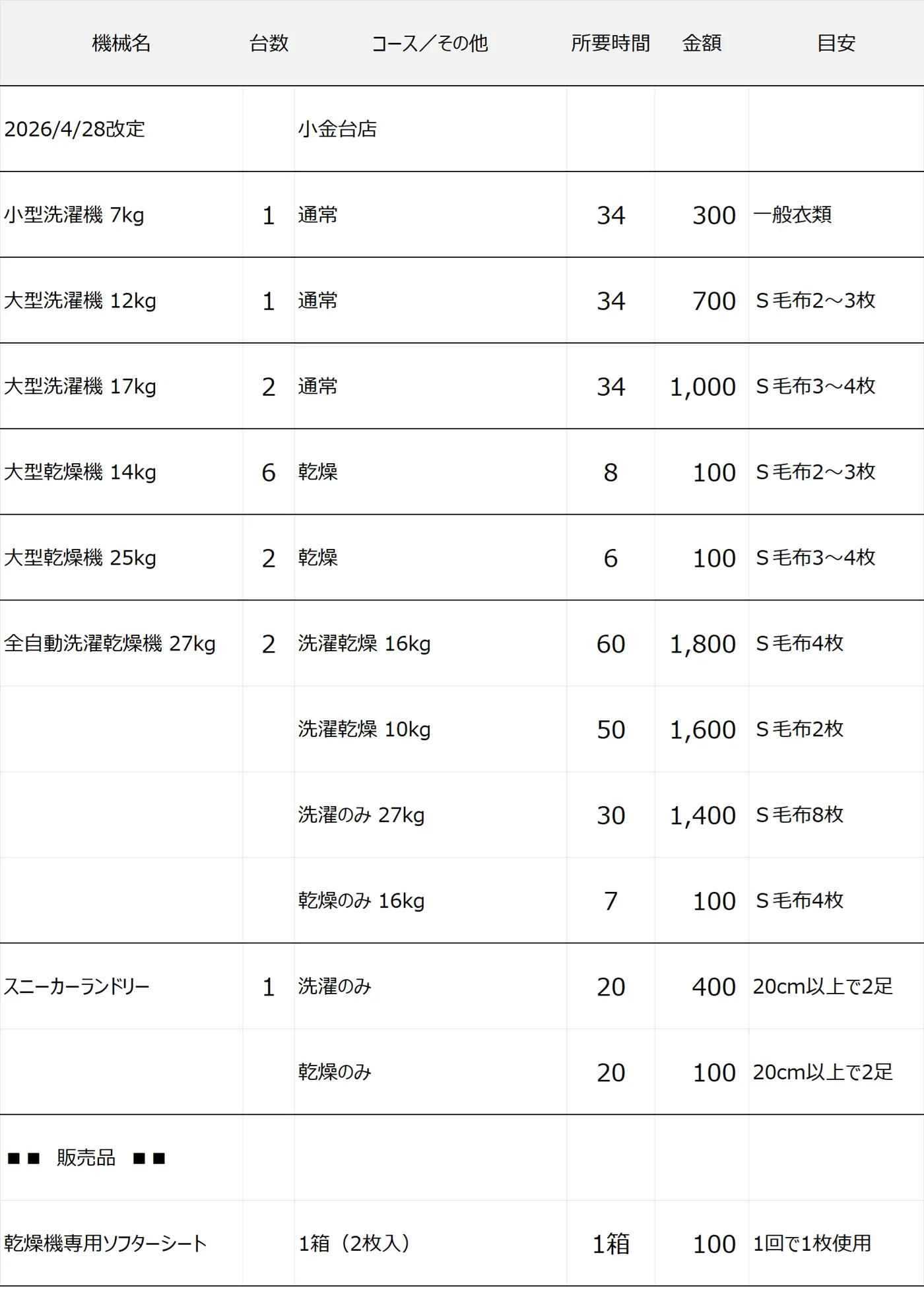 小金台店コインランドリー料金表