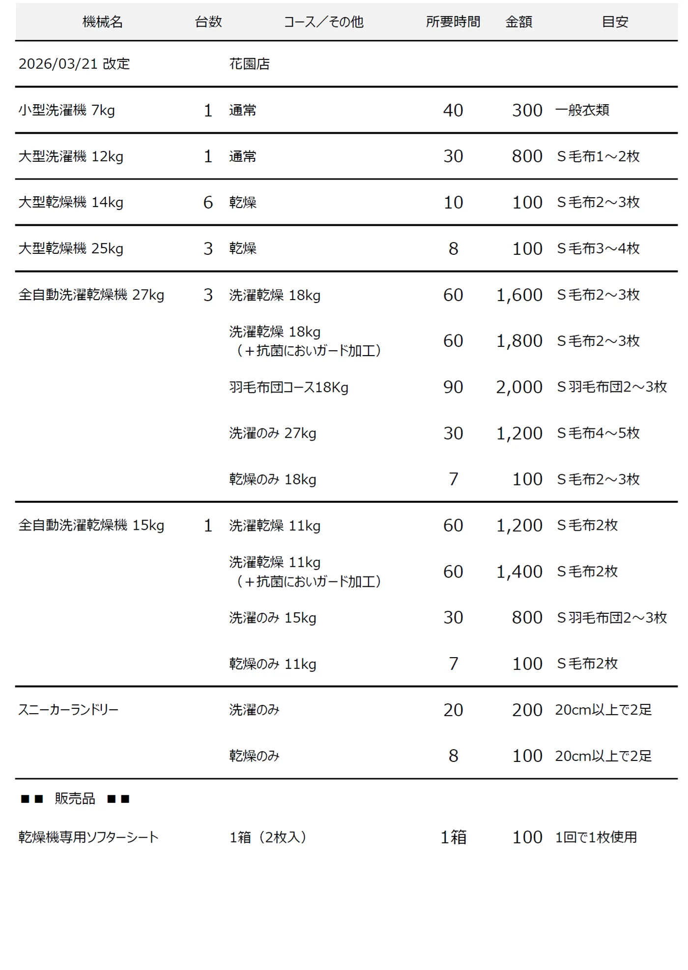 花園店コインランドリー料金表