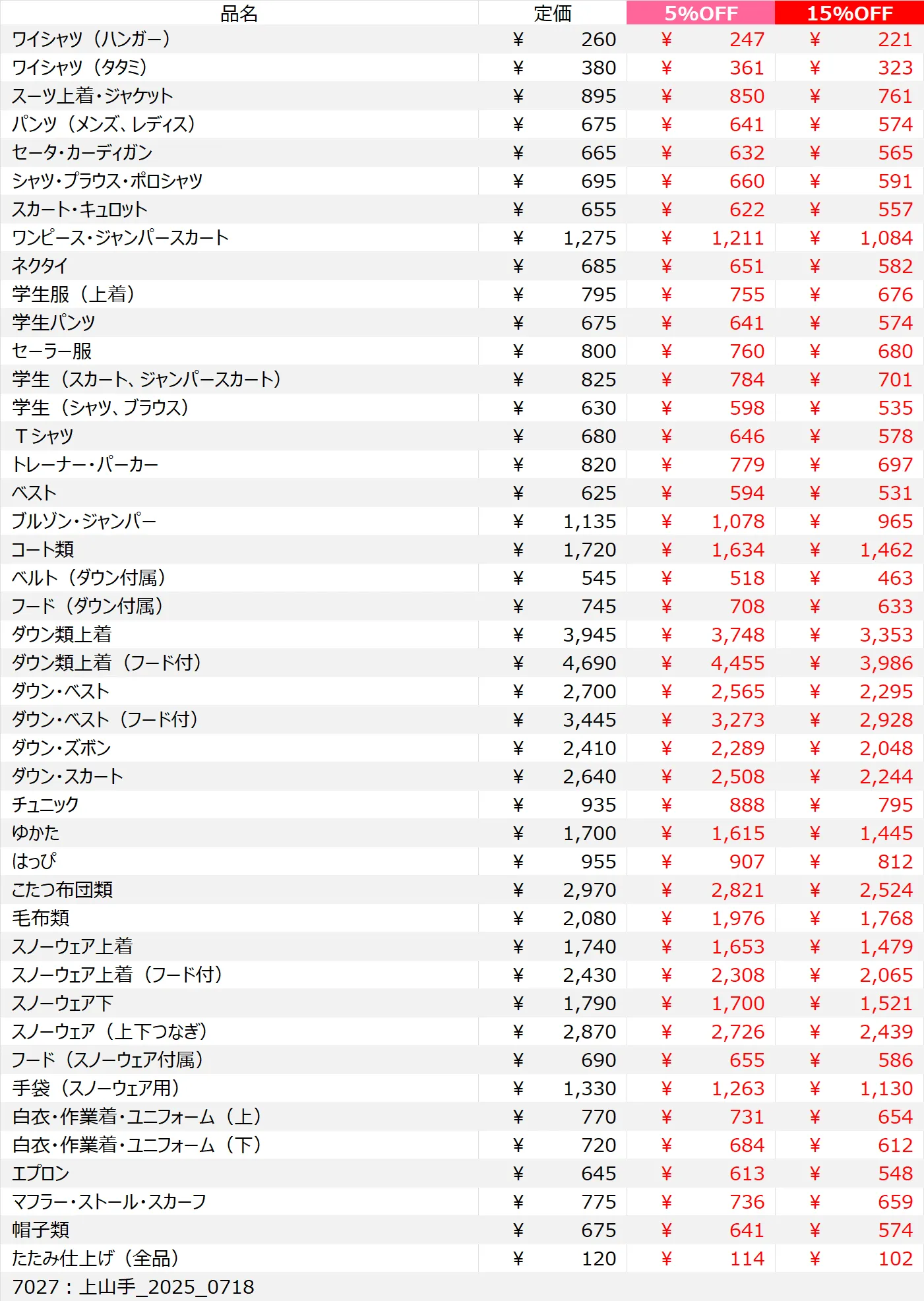 上山手店クリーニング料金表