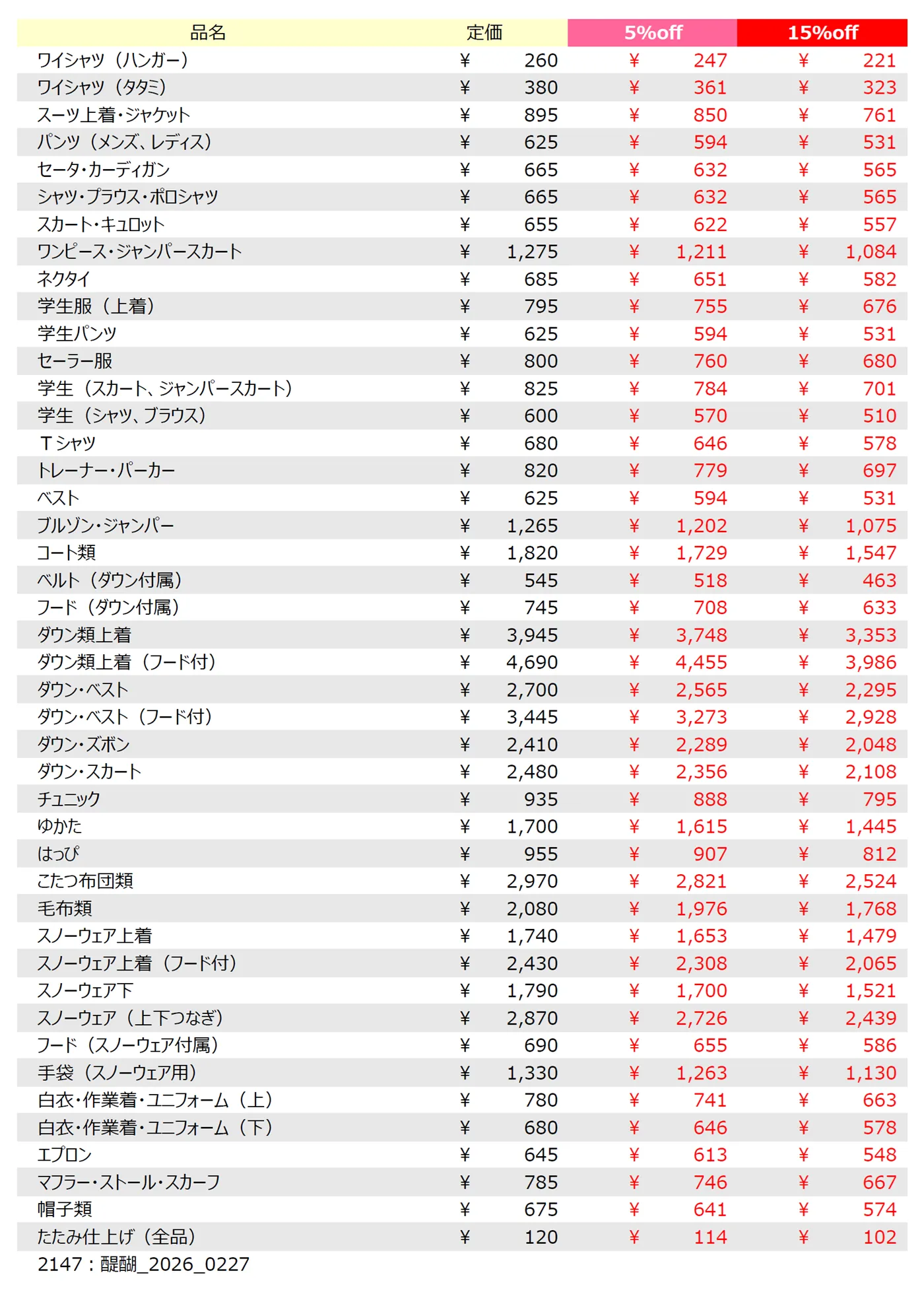 醍醐店クリーニング料金表