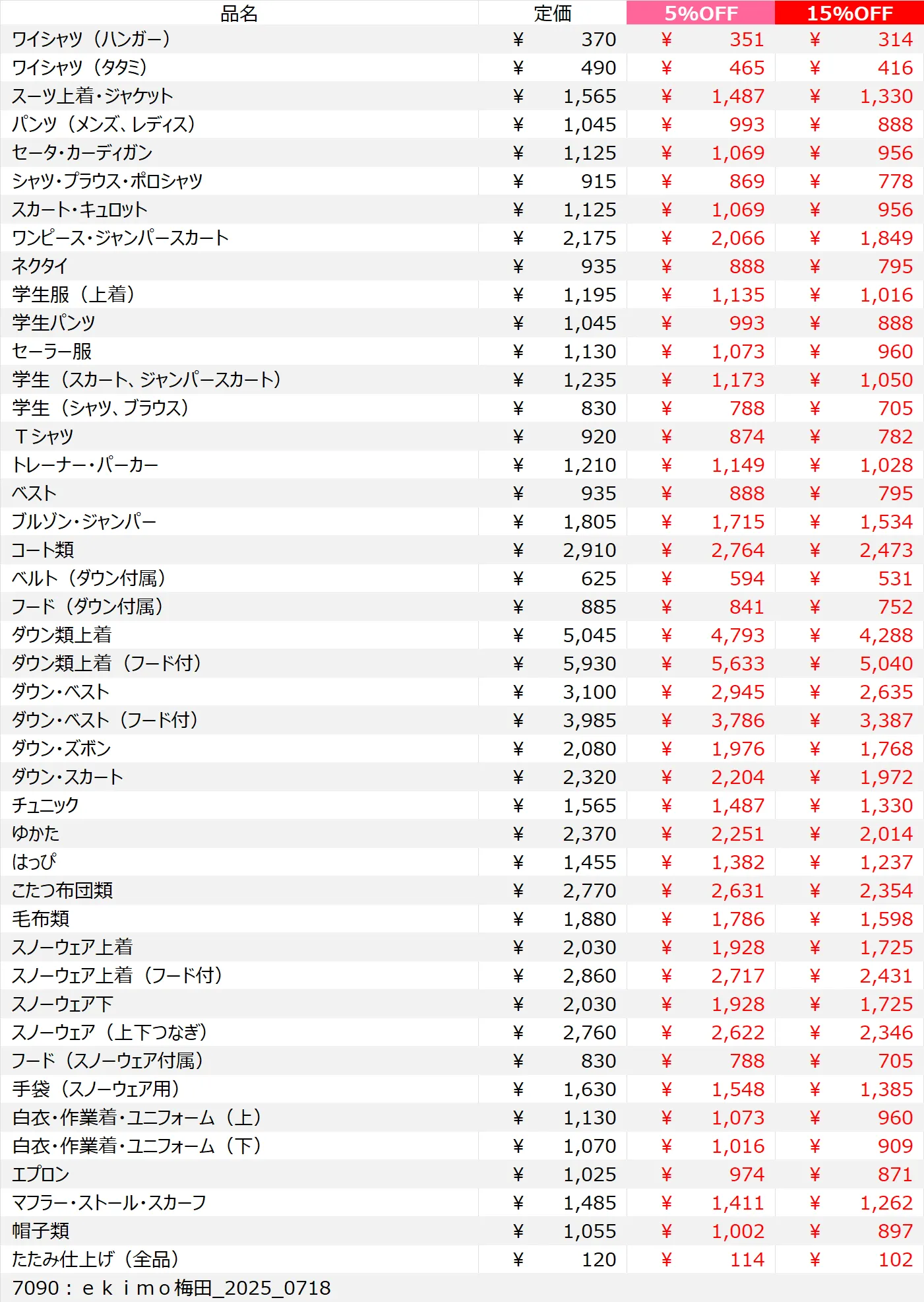 ekimo梅田店クリーニング料金表