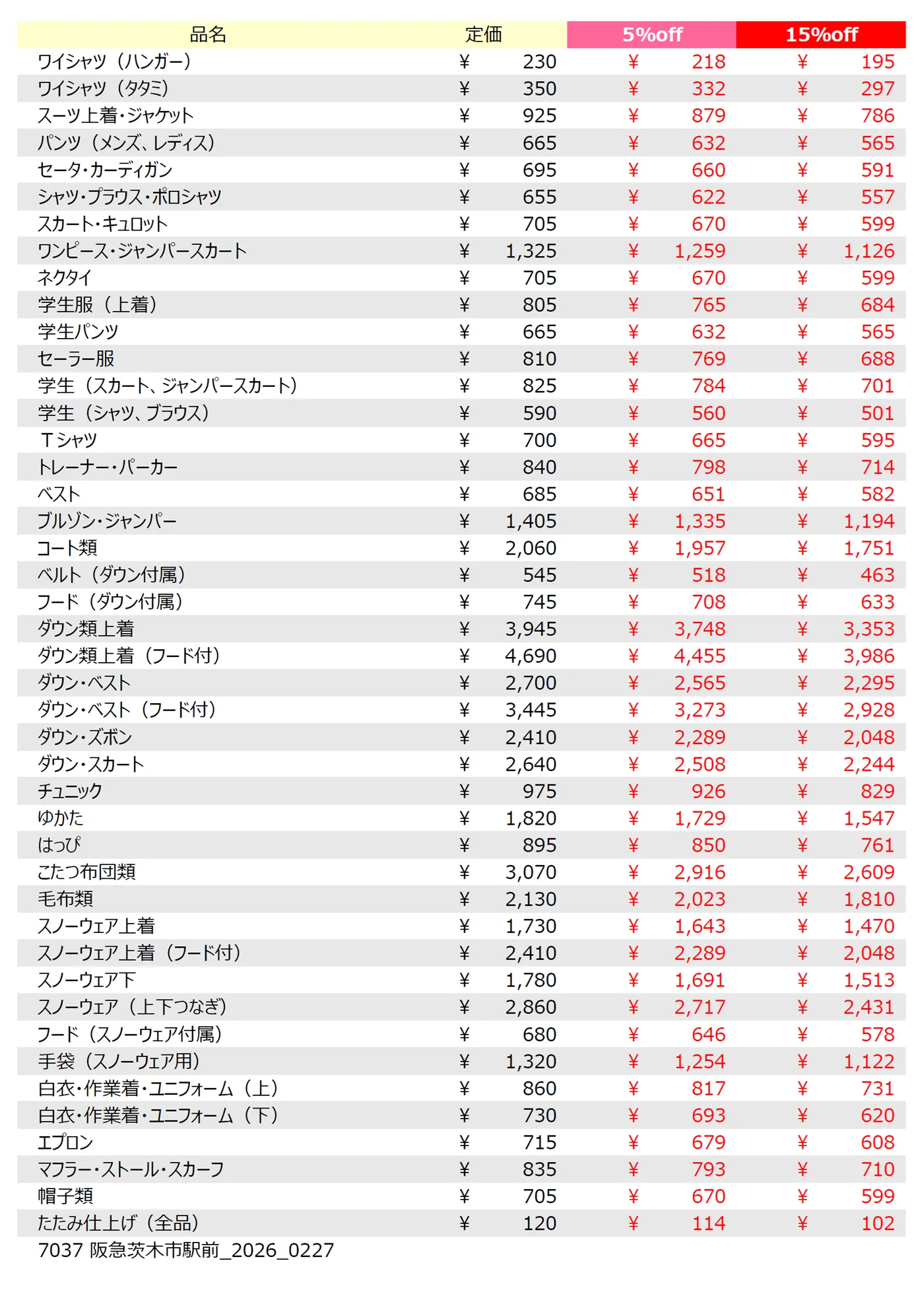 阪急茨木市駅前店クリーニング料金表