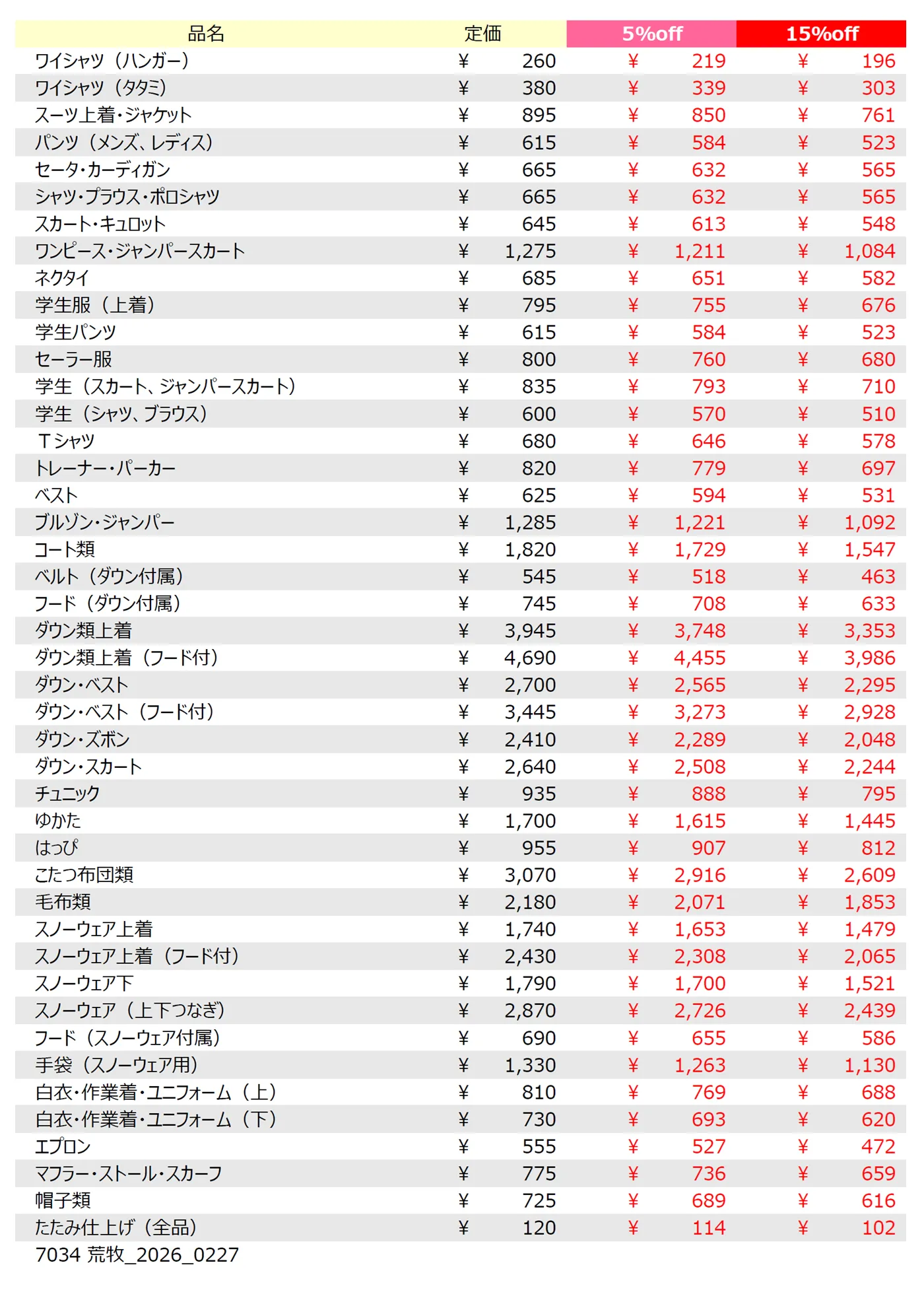 荒牧店クリーニング料金表