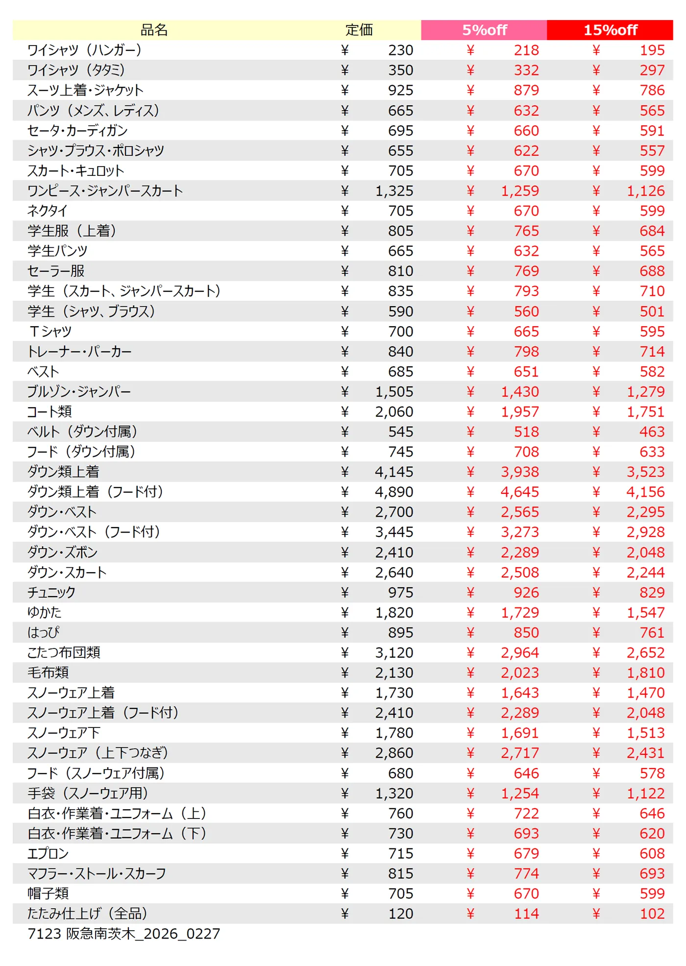 阪急南茨木店クリーニング料金表