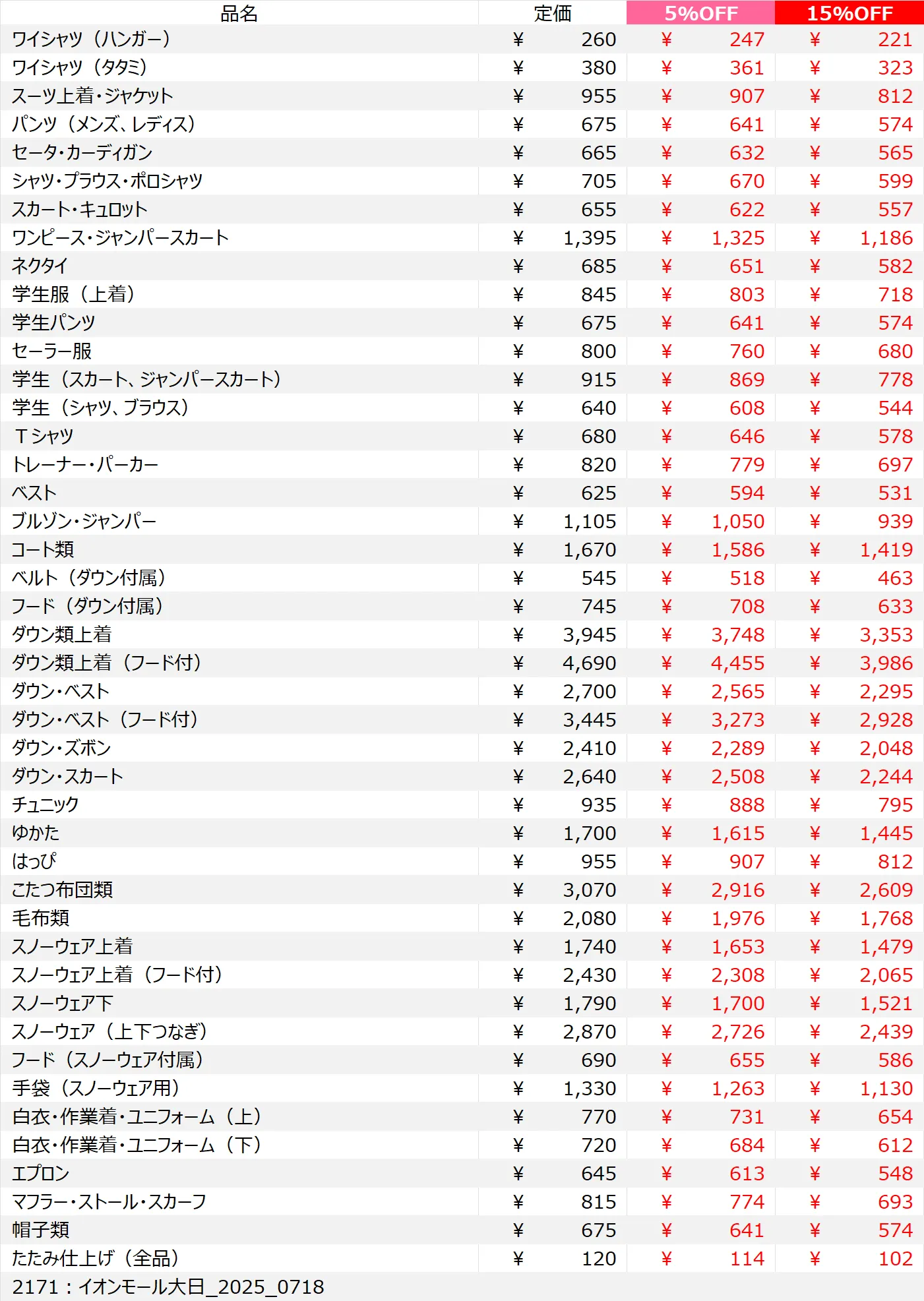 イオンモール大日店クリーニング料金表