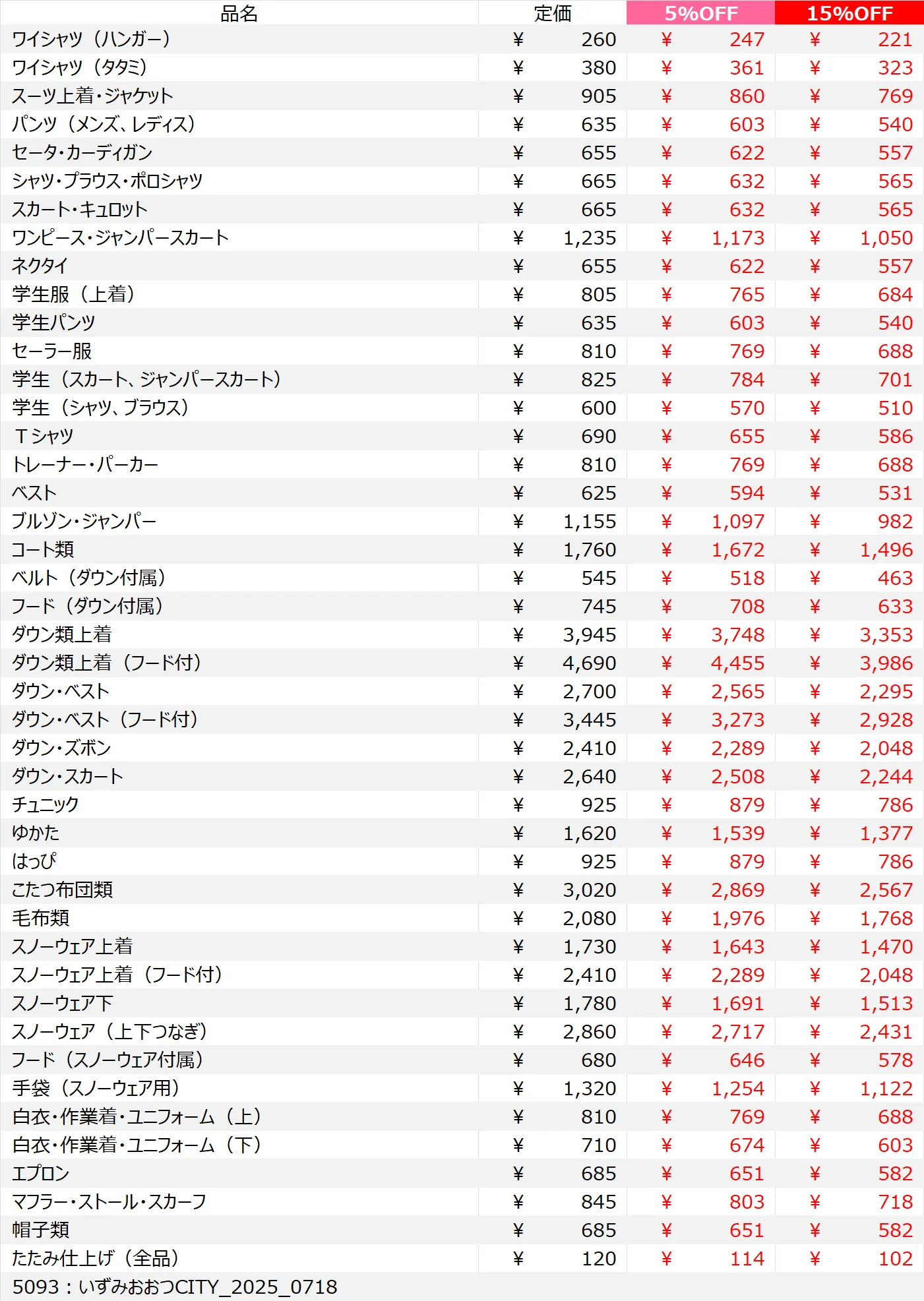 いずみおおつＣＩＴＹ店クリーニング料金表