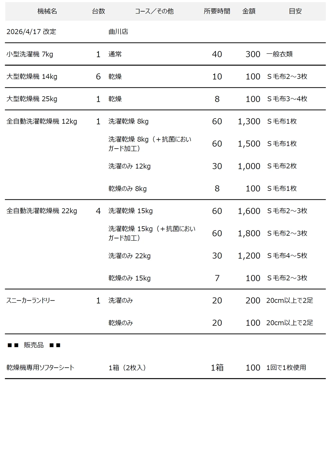 曲川店コインランドリー料金表