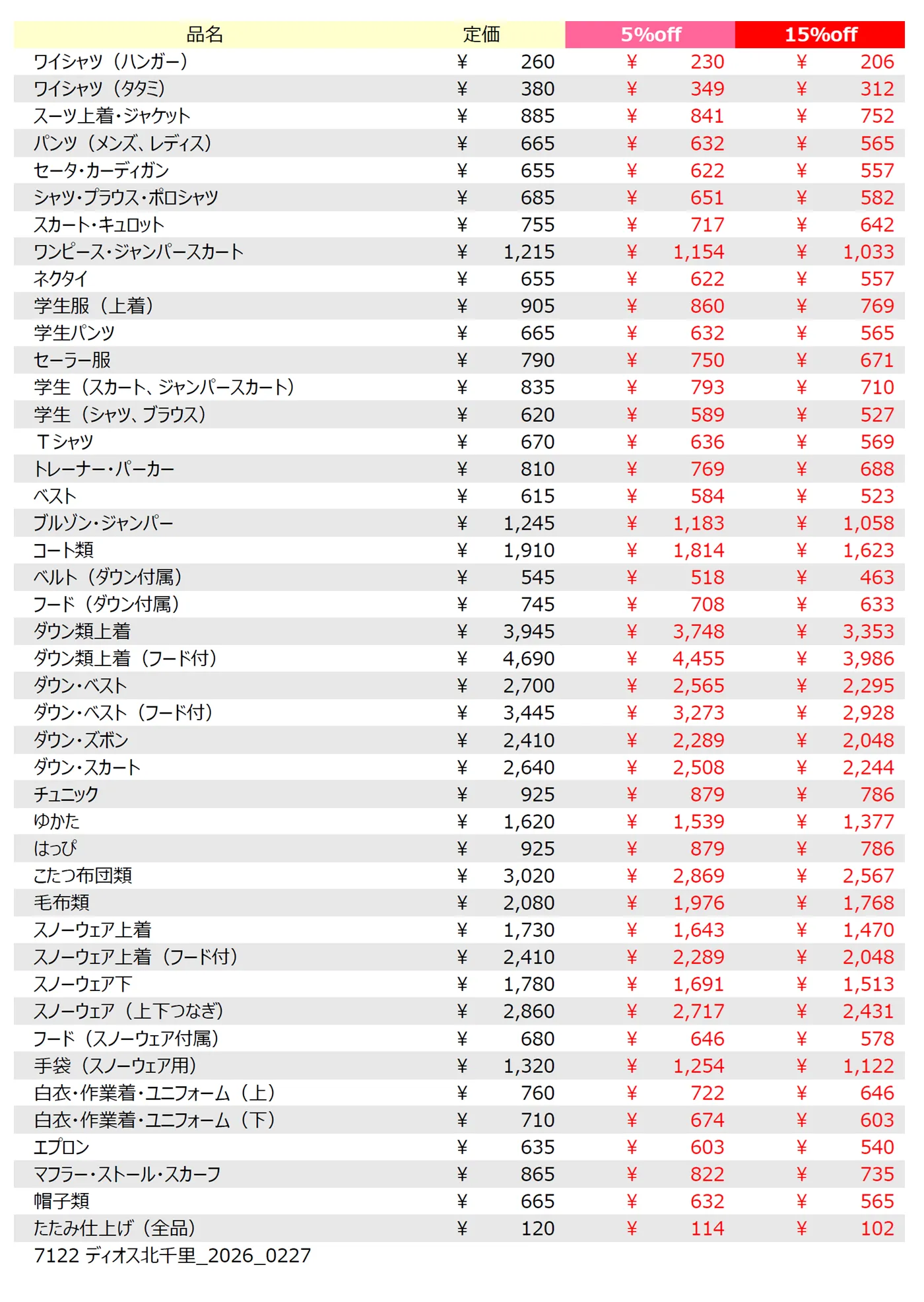 ディオス北千里店クリーニング料金表