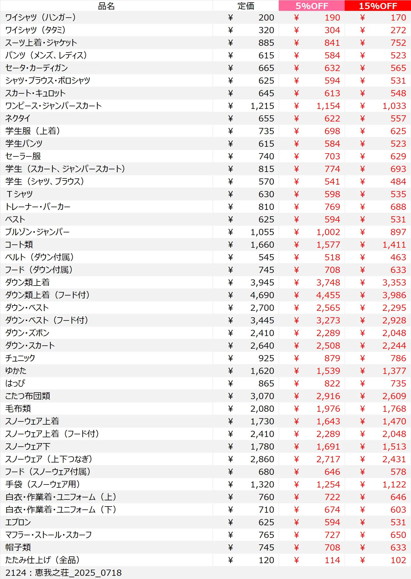 恵我之荘店クリーニング料金表