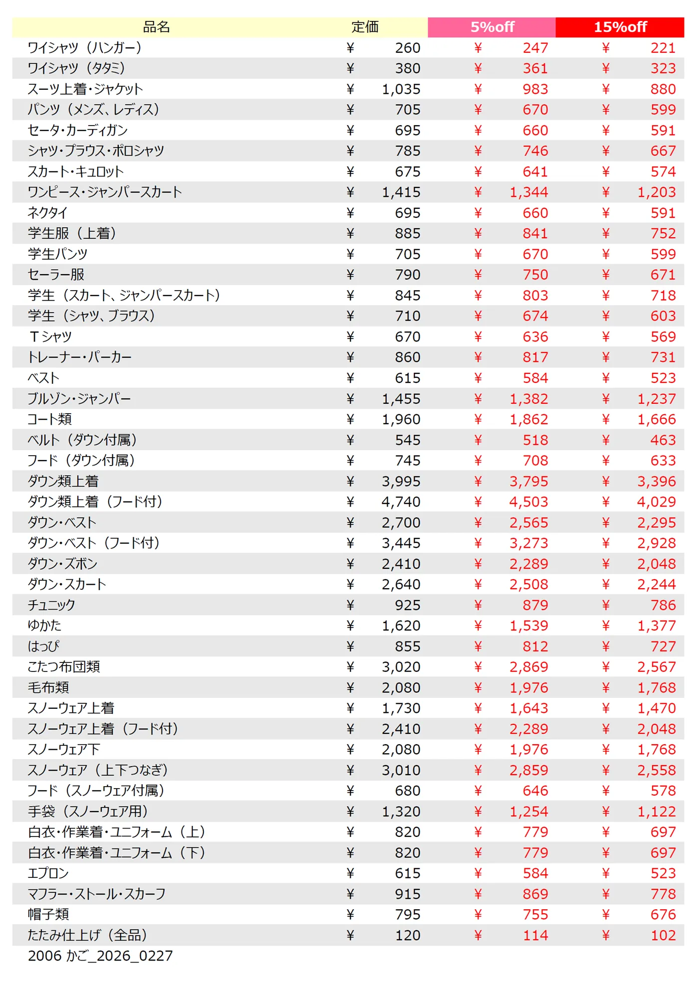 かご店クリーニング料金表