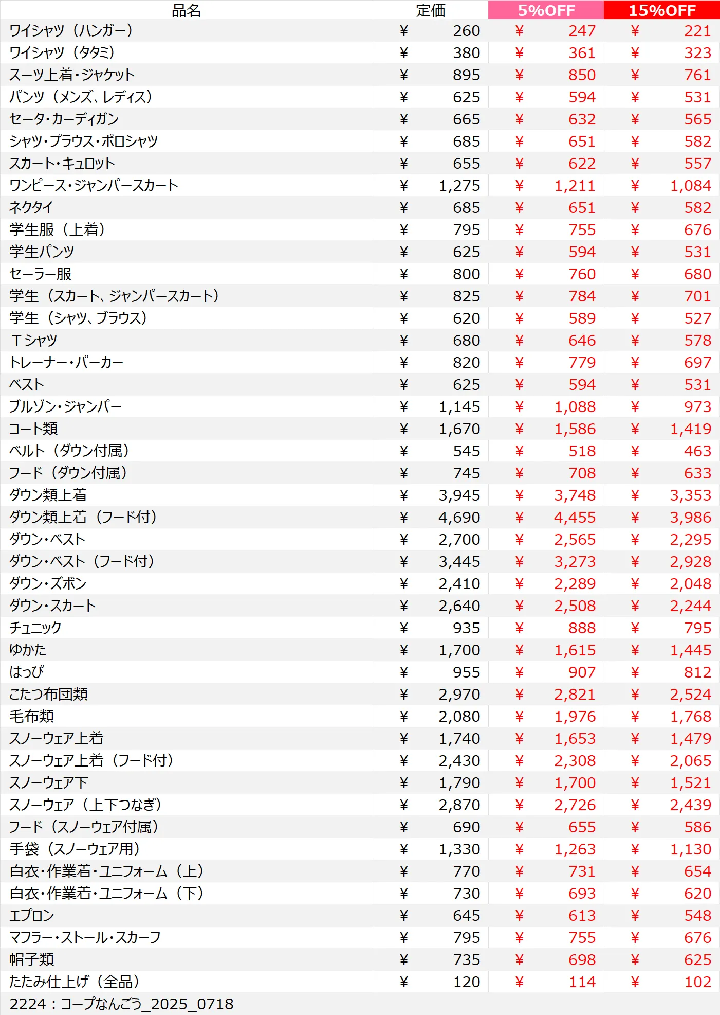 コープなんごう店クリーニング料金表