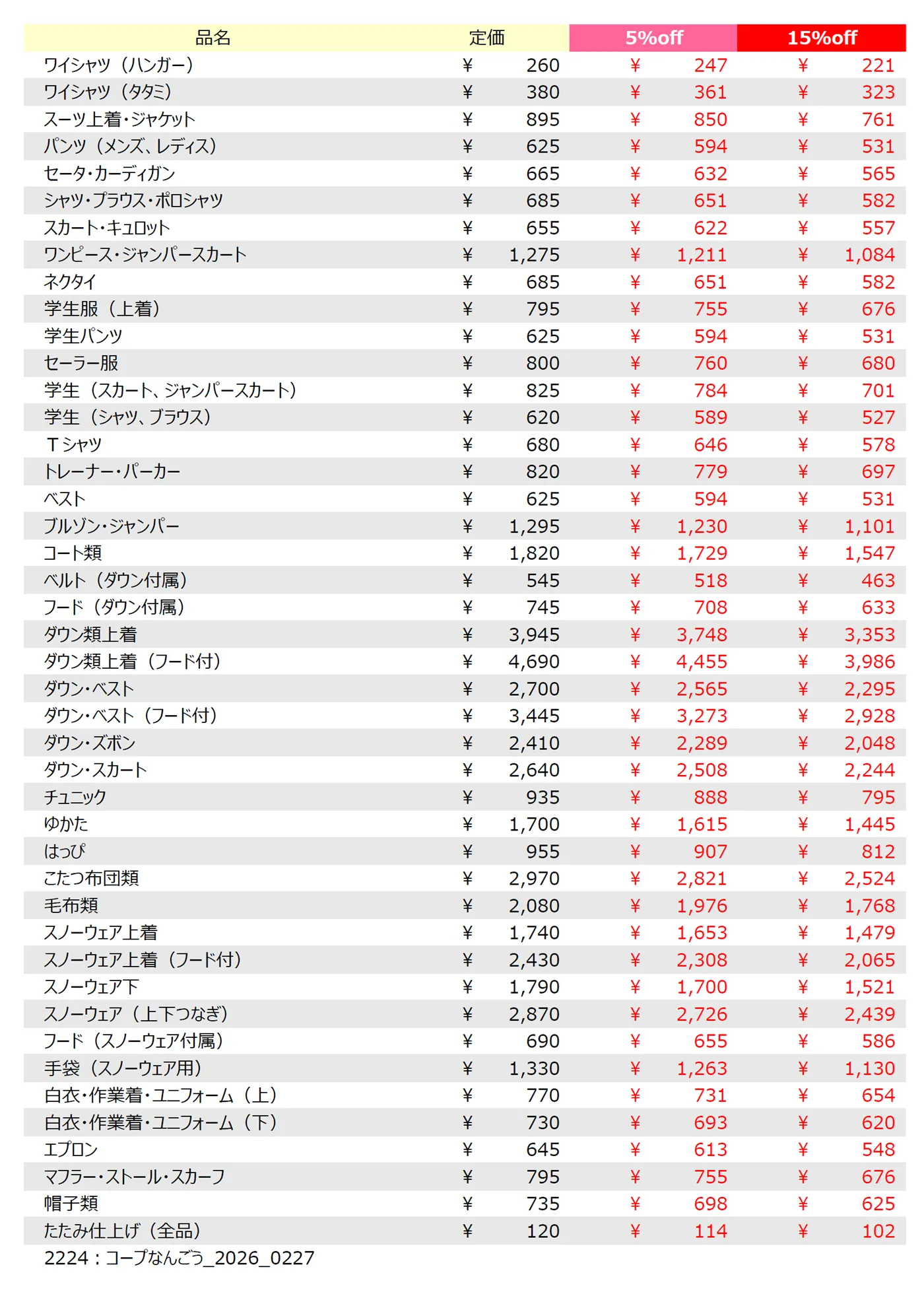 コープなんごう店クリーニング料金表