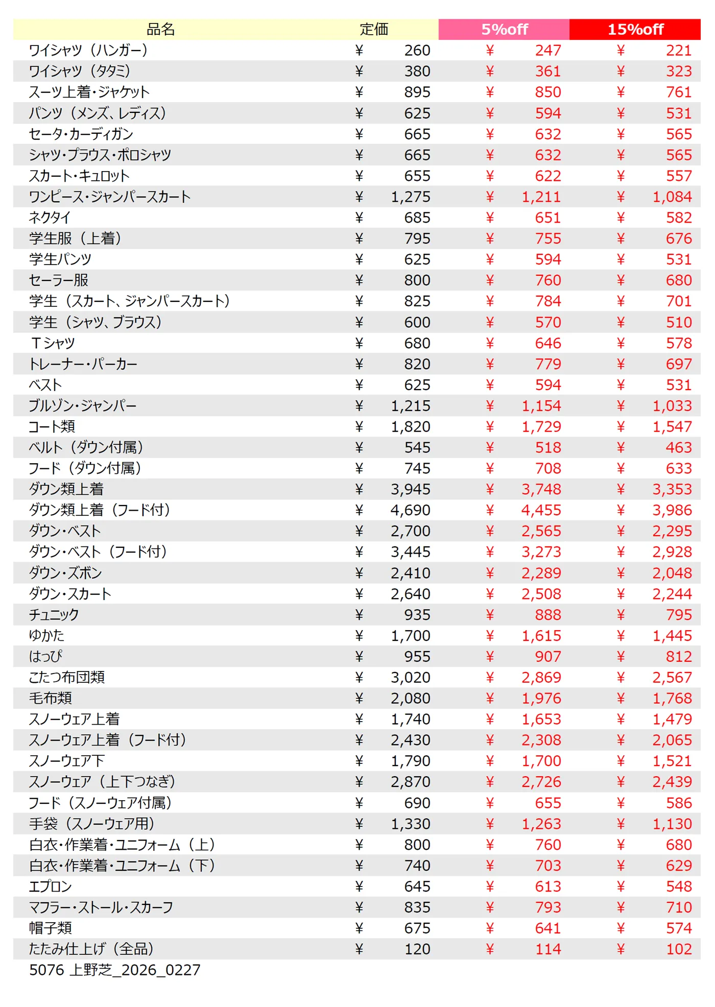 上野芝店クリーニング料金表