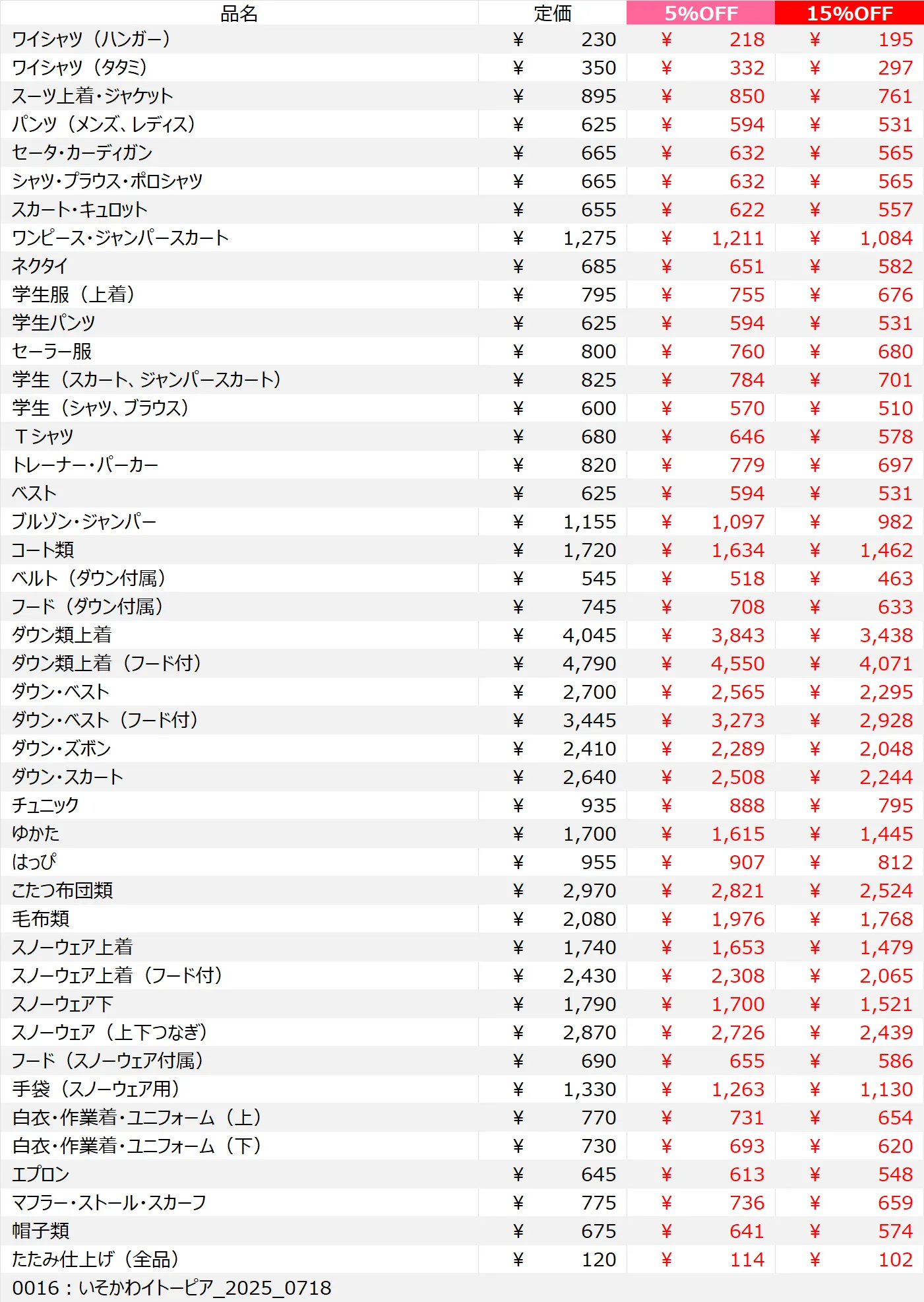イトーピア店の料金表