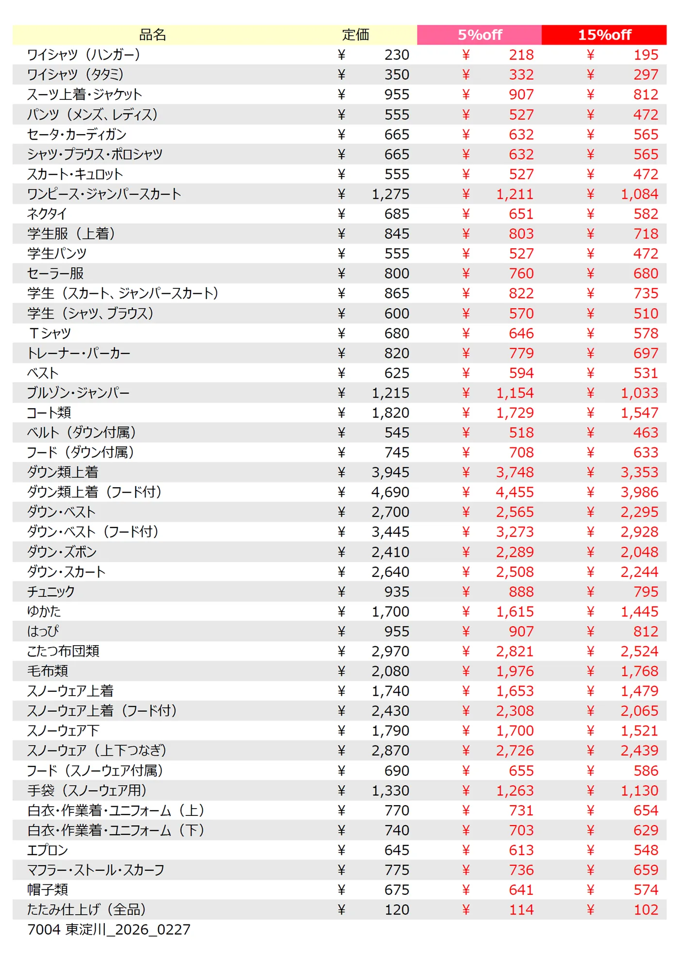 東淀川店クリーニング料金表