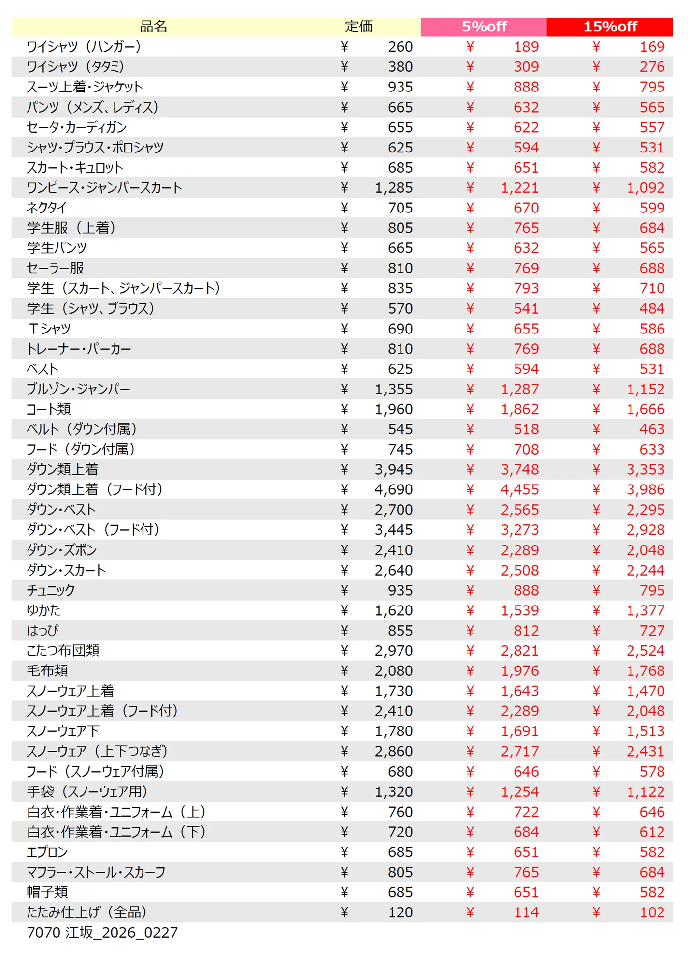 江坂店クリーニング料金表