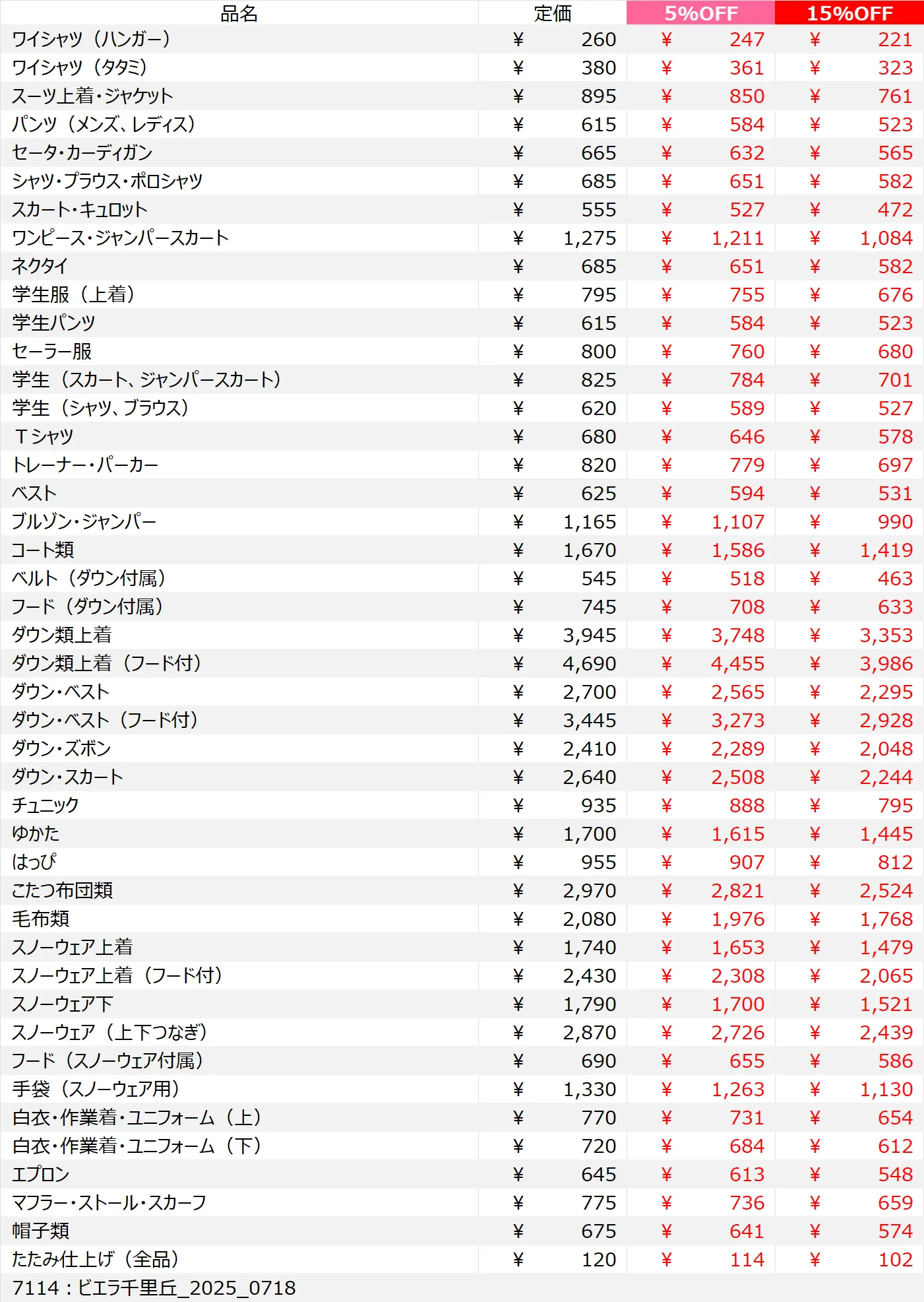 ビエラ千里丘店クリーニング料金表