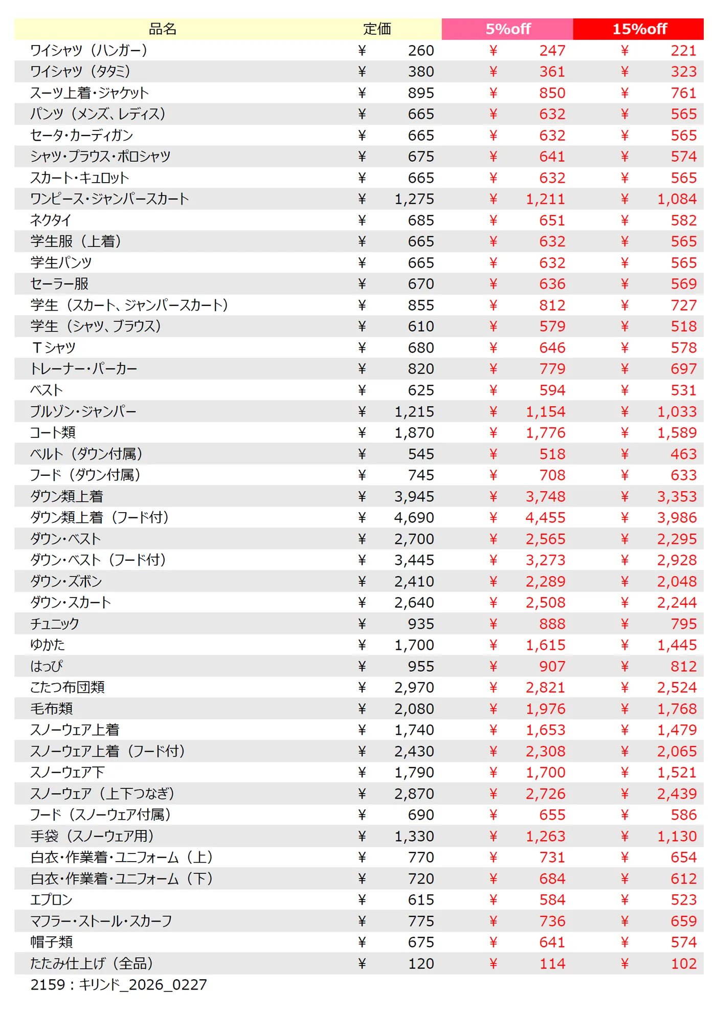 キリンド店クリーニング料金表