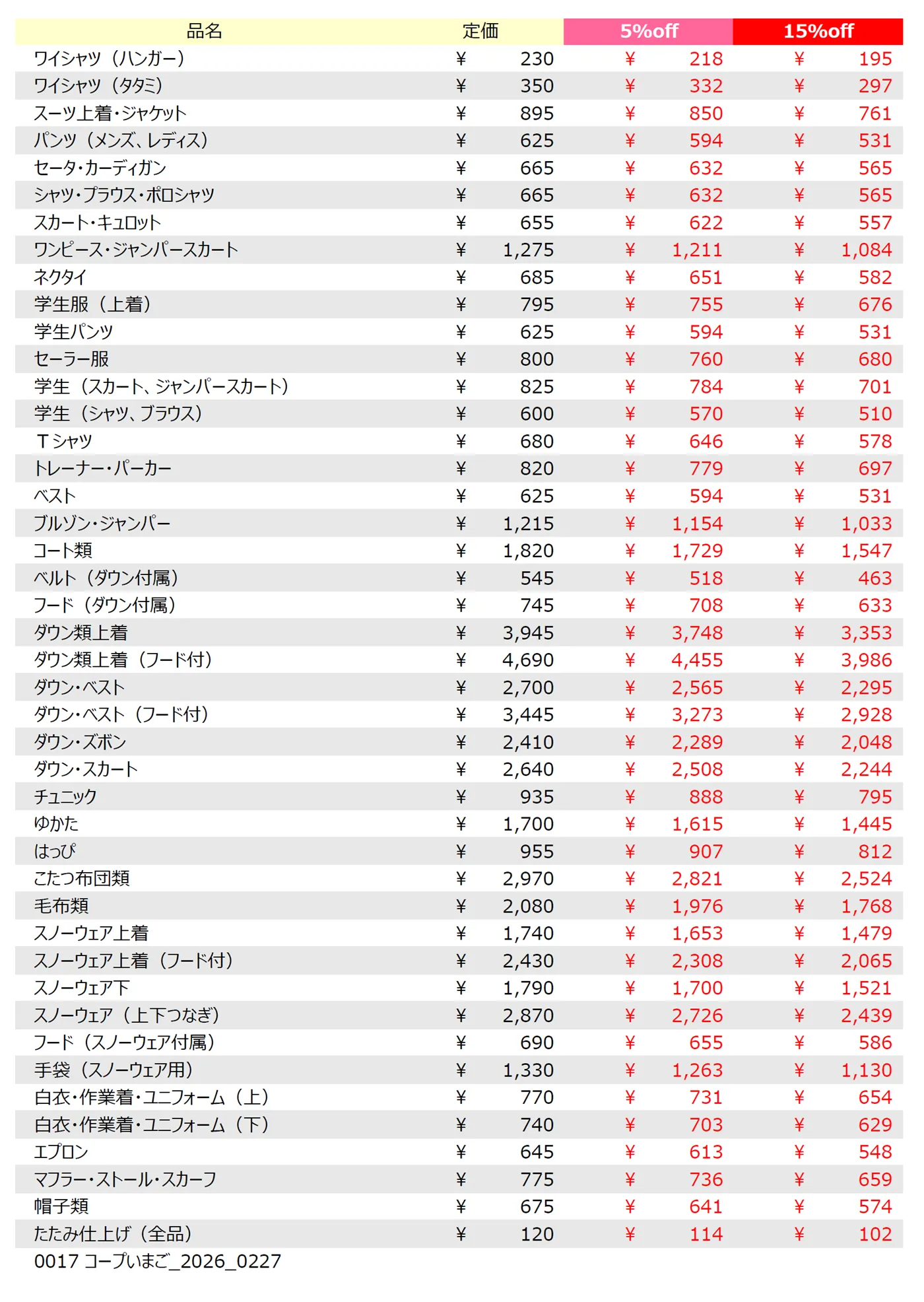 コープいまご店のクリーニング料金表
