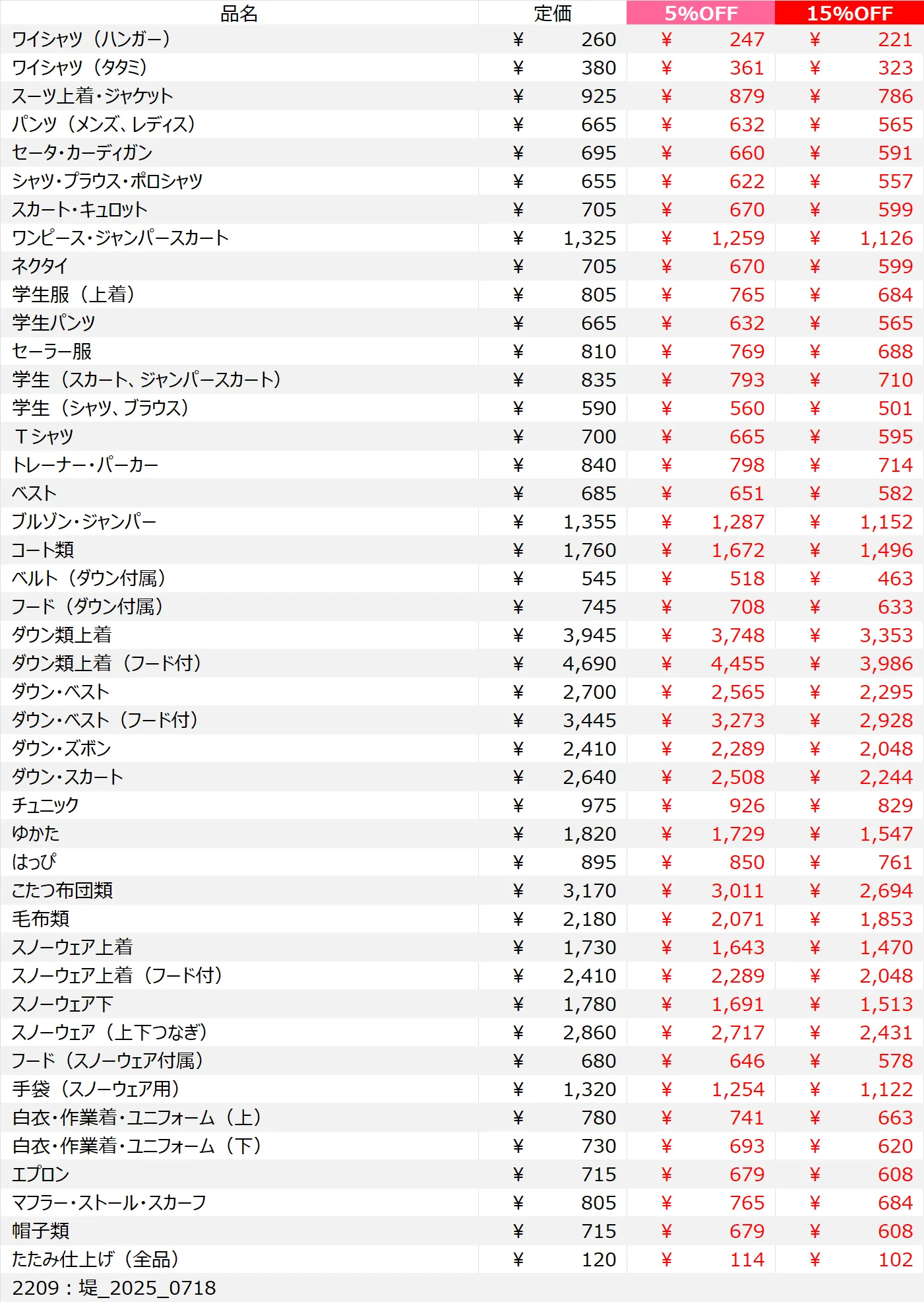  堤店クリーニング料金表