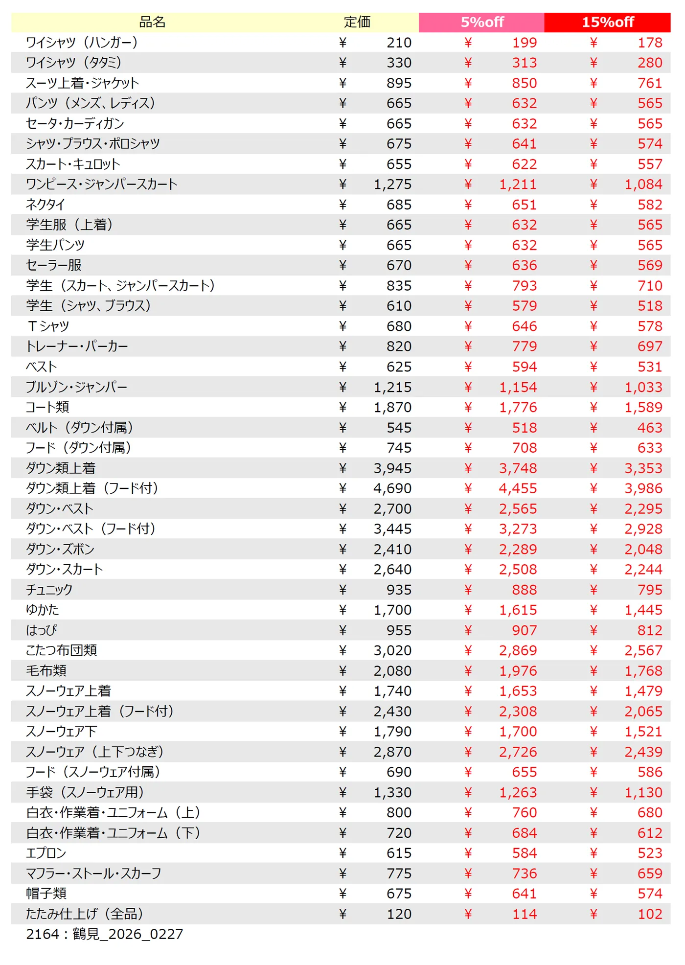 鶴見店クリーニング料金表