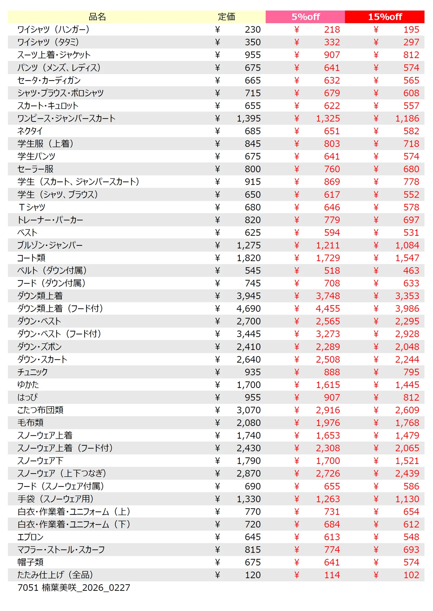 楠葉美咲店クリーニング料金表