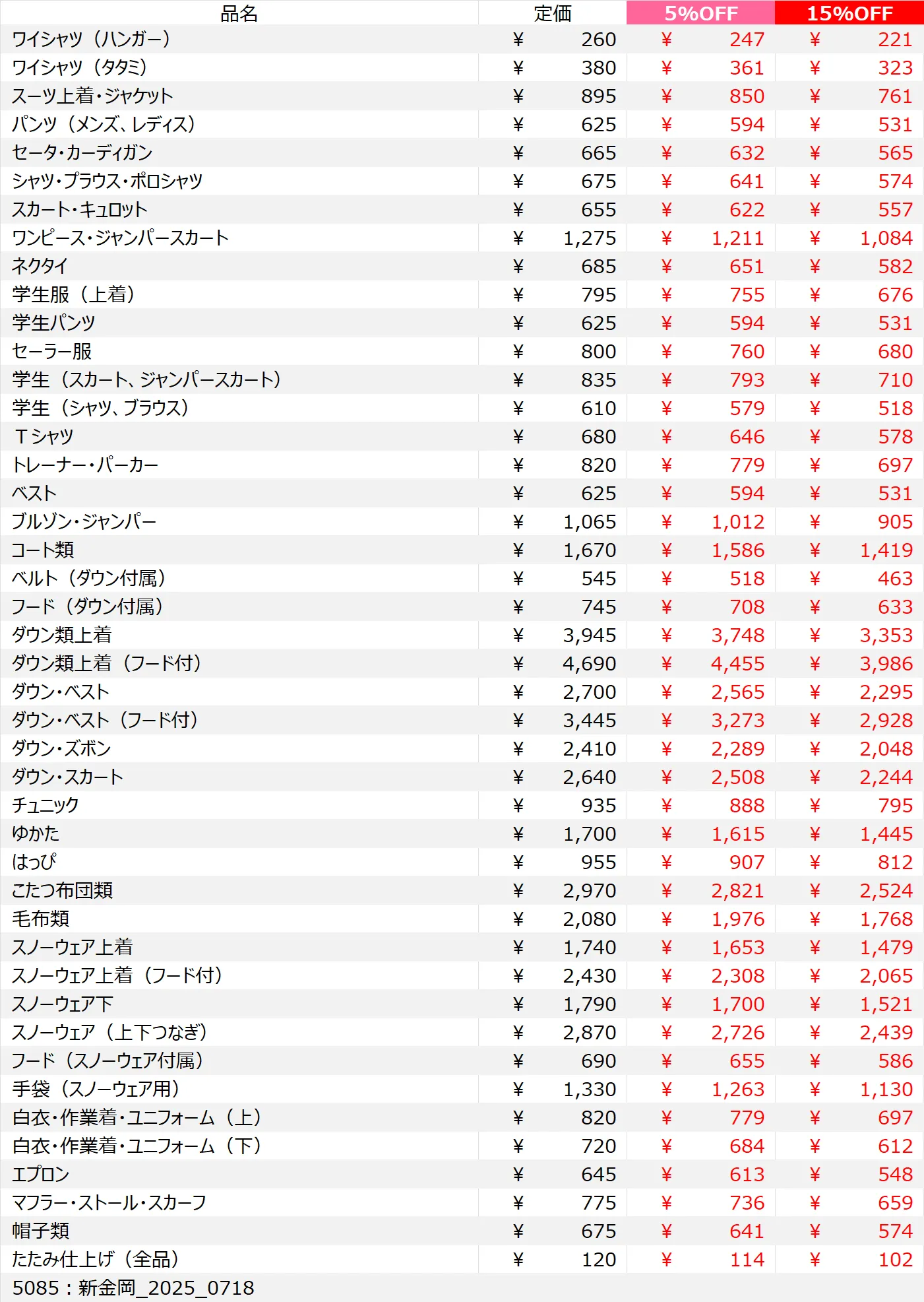 新金岡店クリーニング料金表