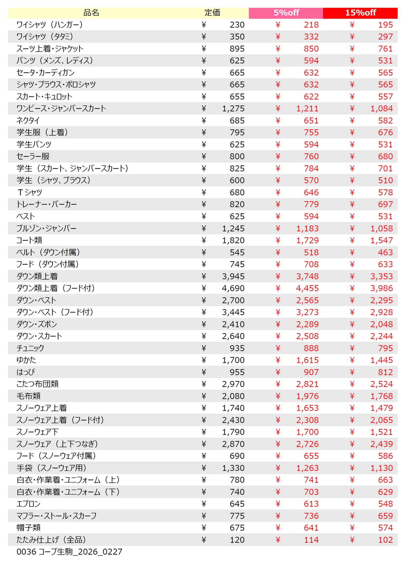 コープ生駒店クリーニング料金表