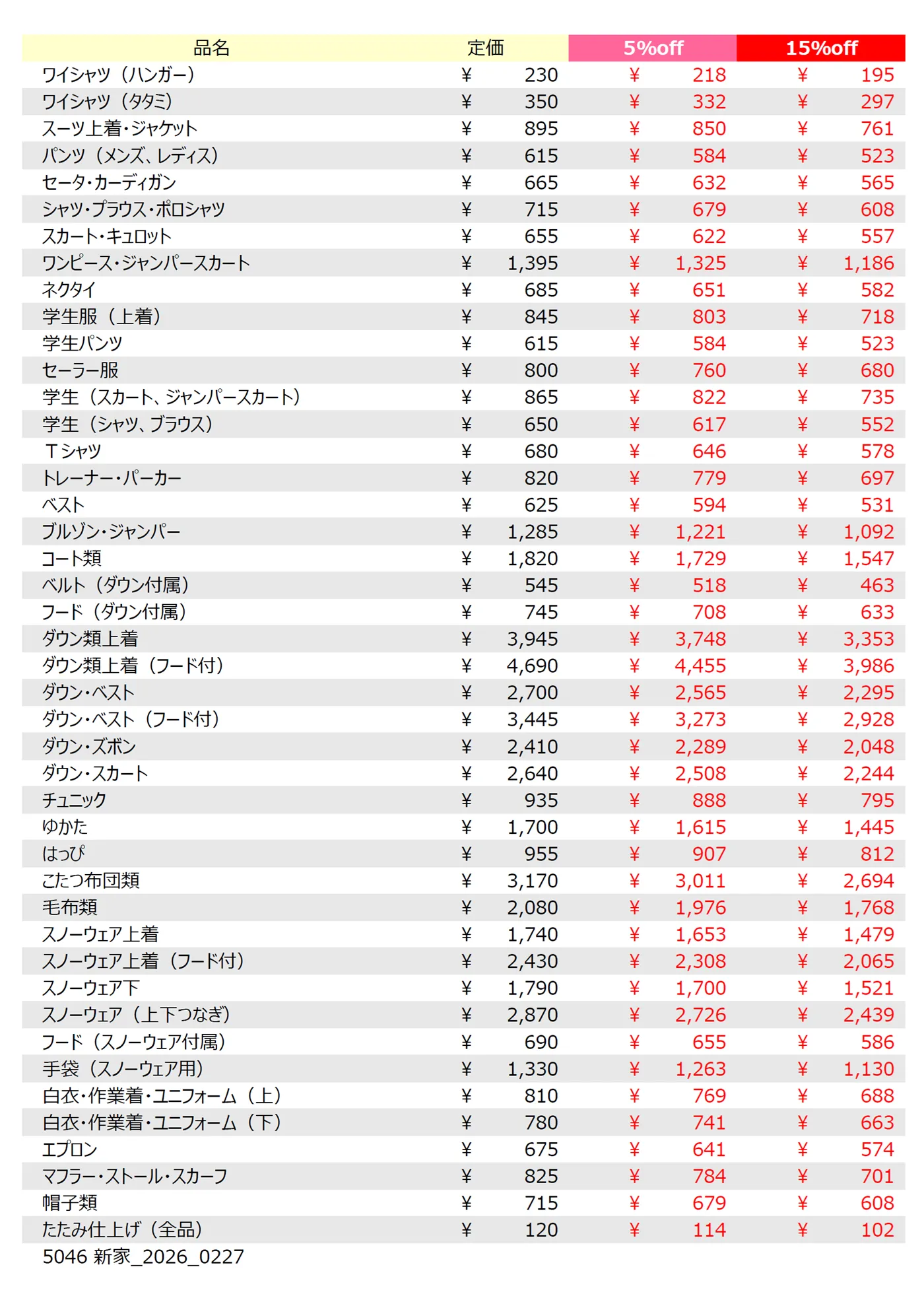 新家店クリーニング料金表
