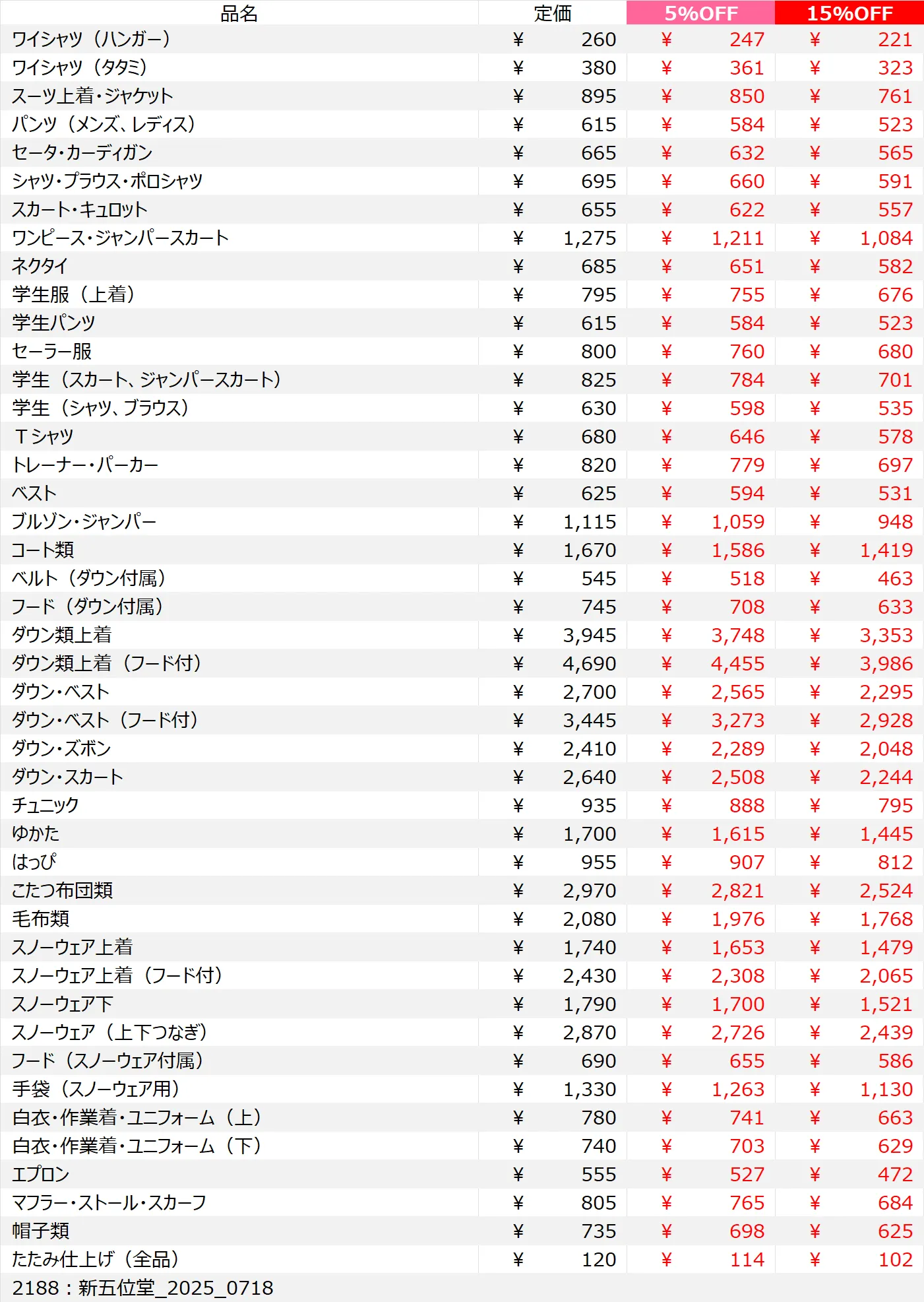 新五位堂店クリーニング料金表
