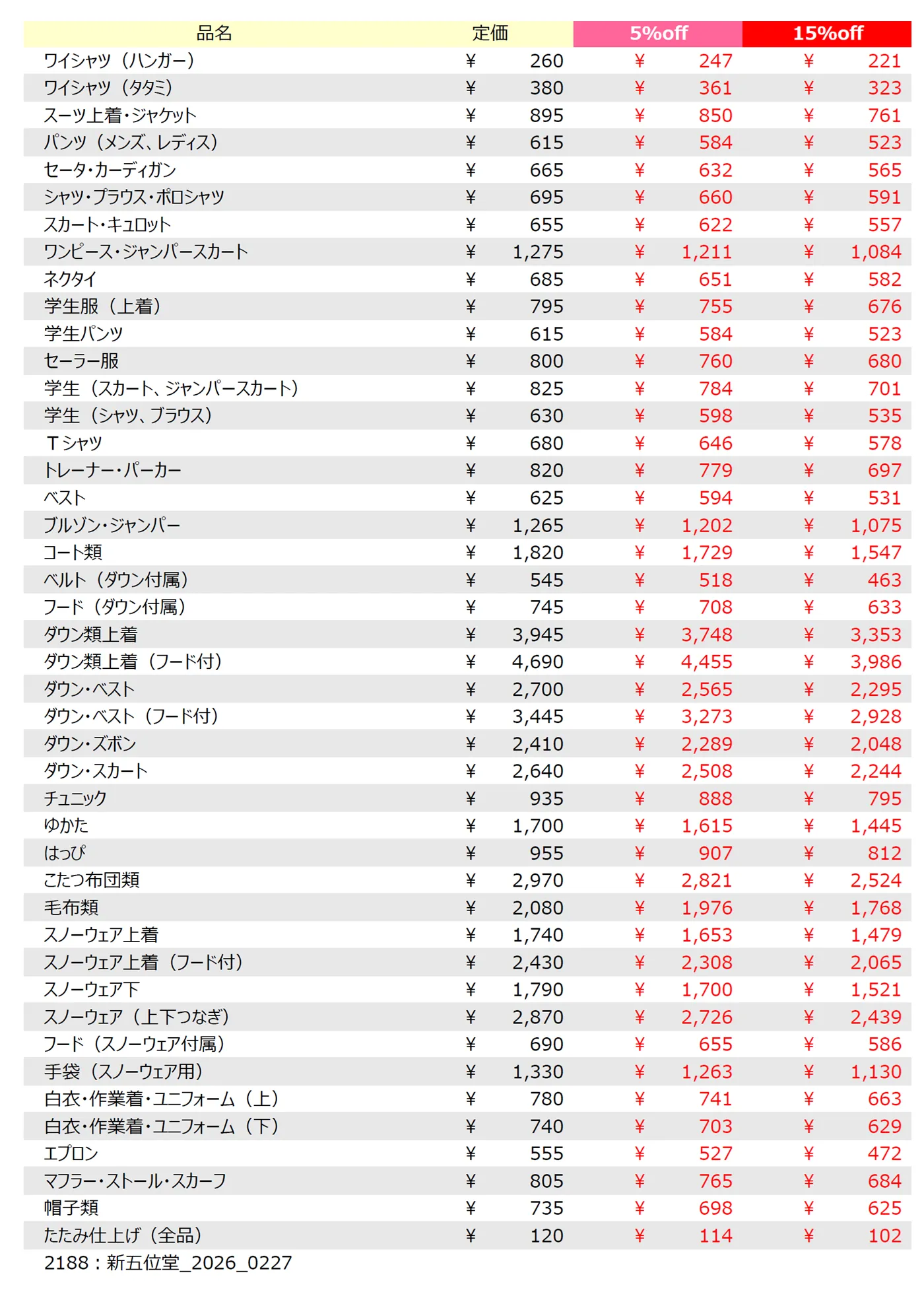 新五位堂店クリーニング料金表