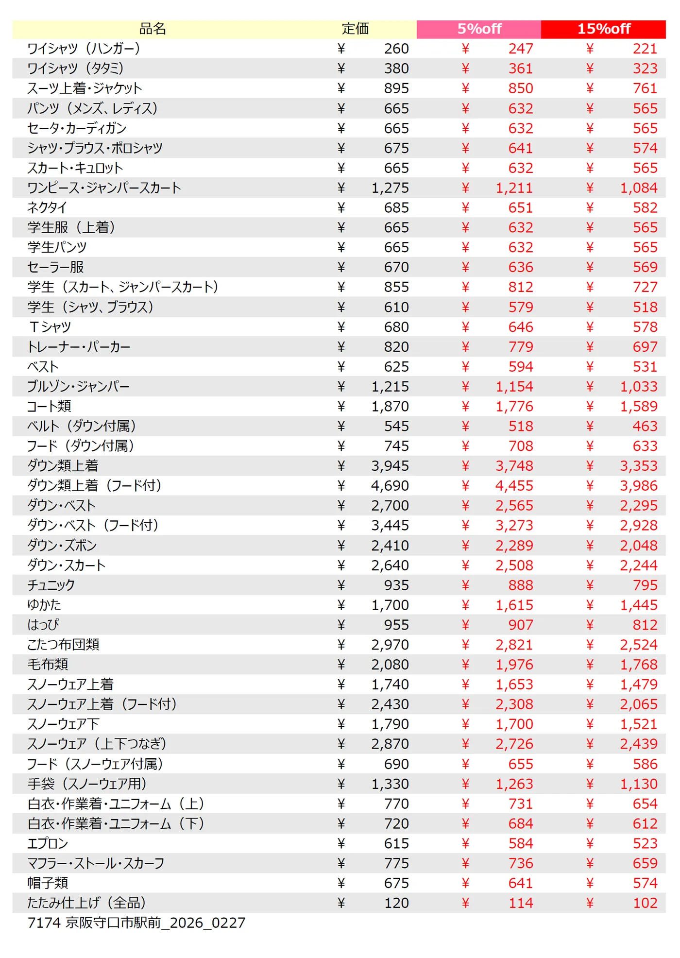 京阪守口市駅前店クリーニング料金表